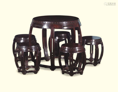 20世纪 红木铜鼓台凳 （六件套）