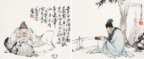 黄羲（1899～1979） 1931年作 李白醉酒·东坡赏砚 立轴 设色纸本
