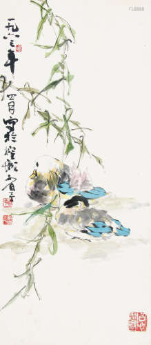 宋省予（1910～1966） 1963年作 柳枝鸳鸯 立轴 设色纸本