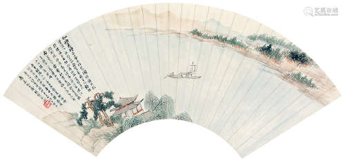 林纾（1852～1924） 1920年作 巢湖泛舟 扇面镜框 设色纸本