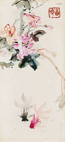 宋省予（1909～1966） 芙蓉金鱼 镜框 设色纸本