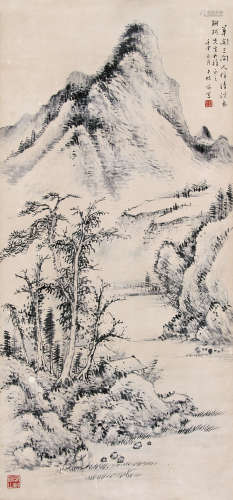 林节（1899～1959） 1932年作 清溪草阁 镜片 水墨绢本
