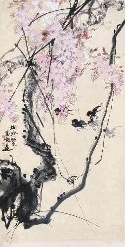 蔡鹤洲（1911～1971） 紫藤飞燕 立轴 设色纸本