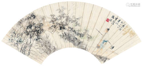倪田（1855～1919） 1897年作 耕罢归来 扇片 设色纸本
