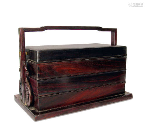 清代 小叶紫檀木雕三层长方提手盖盒