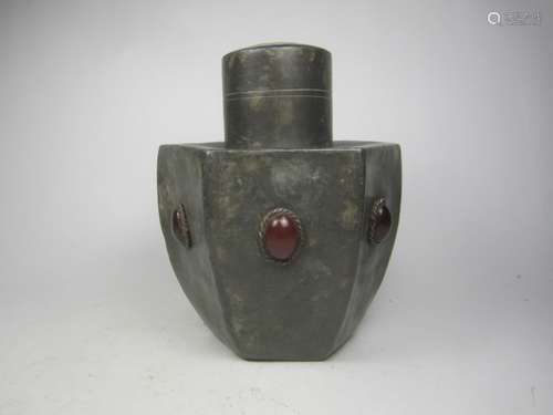 CHINESE HEXAGONAL PEWTER TEA CAN