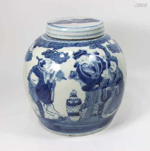 CHINESE BLUE & WHITE FIGURINES GINGER JAR W/ LID