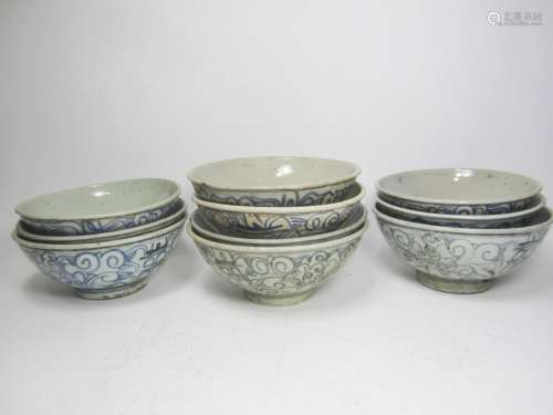 TEN EARLY TIME CHINESE B/W BOWLS