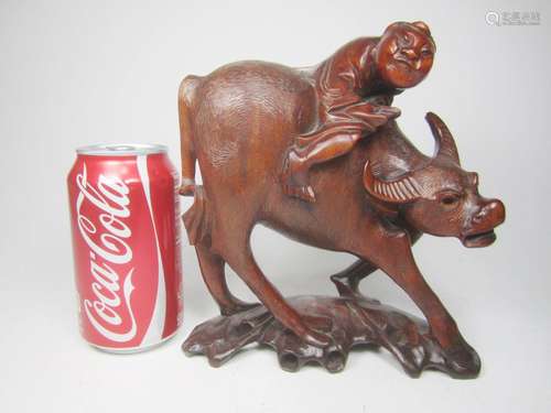 CHINESE WOOD CARVING OF BOY ON OX