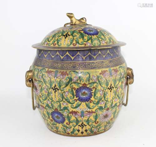 CHINESE CLOISONNE  COVERED JAR W HANDLES