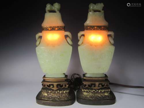PAIR OF ANTIQUE CARVED CELADON JADE TABLE LAMPS