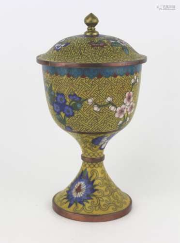 CHINESE CLOISONNE LIDDED HIGH-FOOT CUP