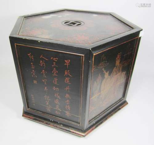 ANTIQUE CHINESE LACQUERED HEXAGON WOOD BOX