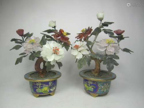 PAIR OF CHINESE JADE TREES IN CLOISONNE POTS