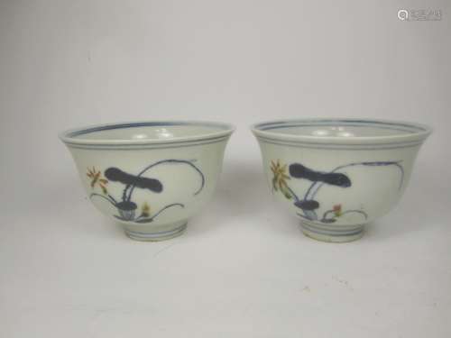 PAIR OF CHINESE B/W UNDERGLAZED RED CUP