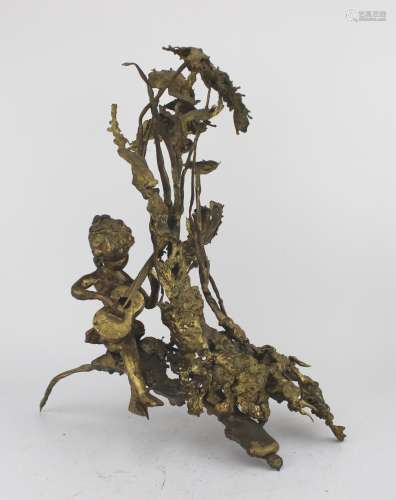 BRONZE BOY PLAYING GUITAR SCULPTURE, SIGNED