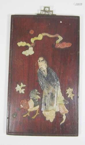 ANTIQUE CHINESE SOAPSTONE ART ATTACHED TO WOODEN