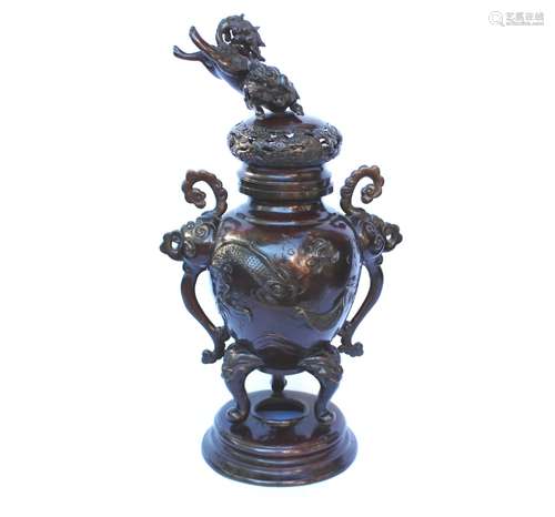 LARGE BRONZE DRAGON CENSER WITH KIRIN LID