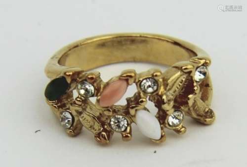 GOLD PLATED SILVER CORAL, OPAL, JADE RING