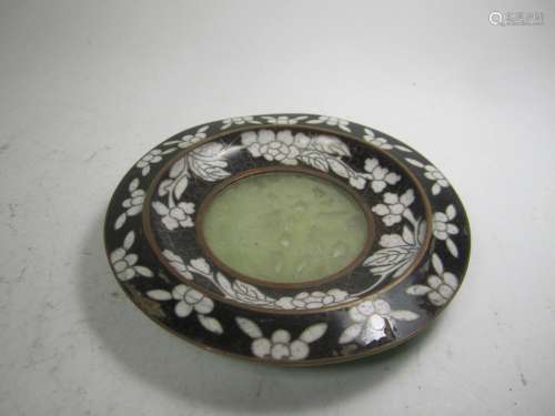 CHINESE CLOISONNE DISH WITH CARVED JADE BOTTEM.