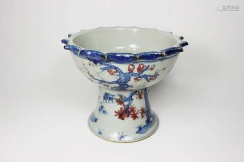 CHINESE B/W UNDERGLAZE RED HIGH-FOOT BOWL