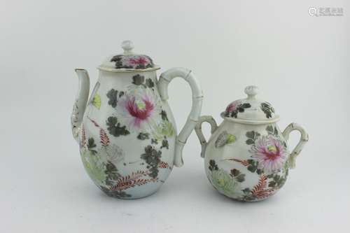 TWO FAMILLE ROSE TEA POTS