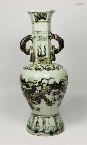 CHINESE BLUE & WHITE DOUBLE-EAR DRAGON VASE