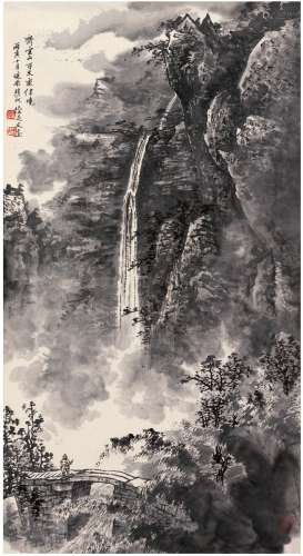 徐志文（1942～） 1986年作 齐云山观瀑图 镜片 水墨纸本