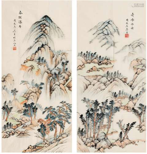 吴月（1920～？） 2000年作 奇峰白云图·春荫瀑布图 （二帧） 画心 设色纸本