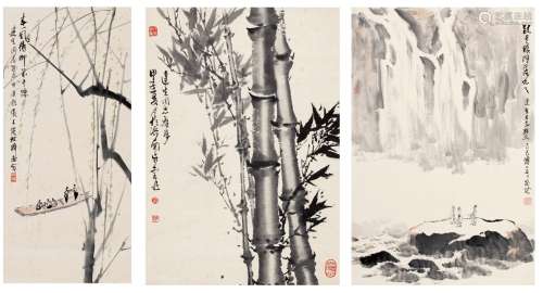 傅二石（1936～2017）  张文俊（1919～）  宋步云（1910～1992） 山水·花鸟·人物 （三轴） 立轴 设色纸本·水墨纸本