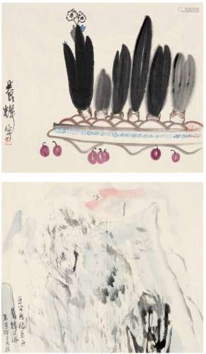 黄养辉（1911～2001）  亚明（1924～2002） 水仙图·山水画稿 （二帧） 画心 设色纸本