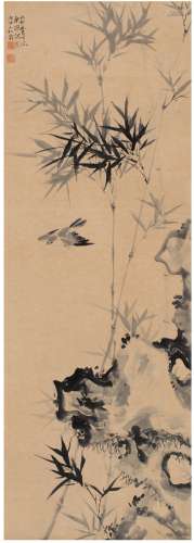 黄贤（1911～1978） 1939年作 竹石飞禽图 立轴 水墨纸本