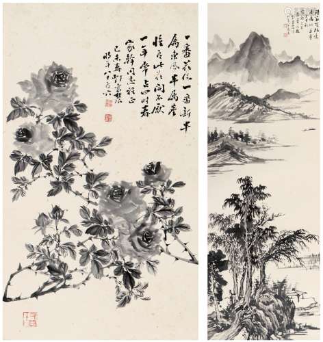 邓怀农（1894～1986） 疏林平远图·蔷薇花 （二帧） 镜片 水墨纸本