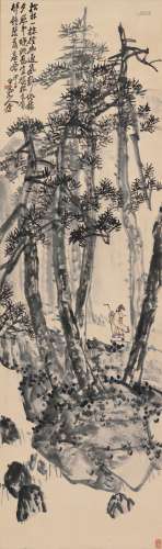 王震（1867～1938） 1924年作 策杖寻幽图 立轴 设色纸本