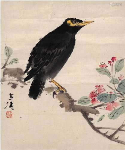 王雪涛（1903～1982） 海棠栖禽图 镜片 设色纸本