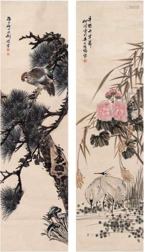 何煜（1852～1928） 花鸟 对屏 设色纸本