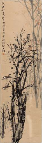 陆伯龙（1897～1898）  汪琨（1877～1946） 1981年作 林中飞雀图 立轴 设色纸本