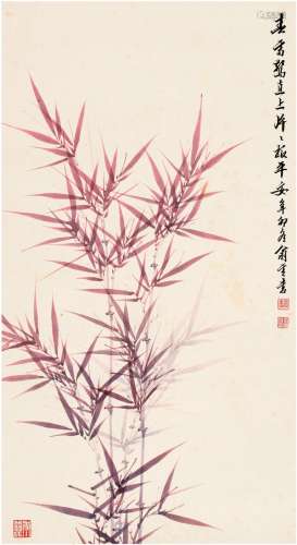 翁保祥（1902～1980） 1951年作 红竹图 立轴 设色纸本