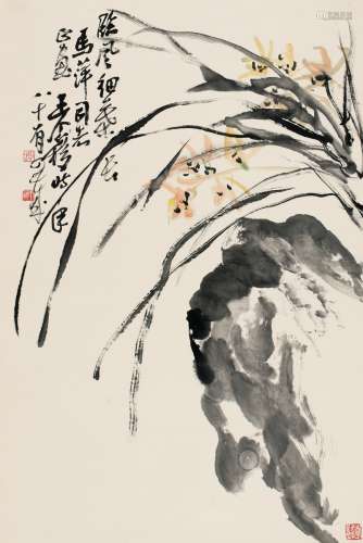 王个簃（1896～1988） 兰石图 立轴 设色纸本