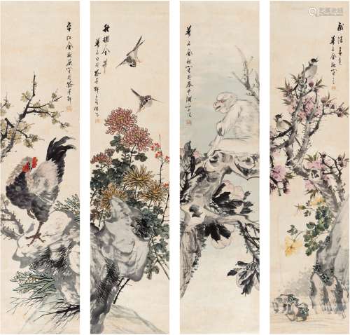 金梦石（1869～1947后） 花鸟四景 四屏 设色纸本