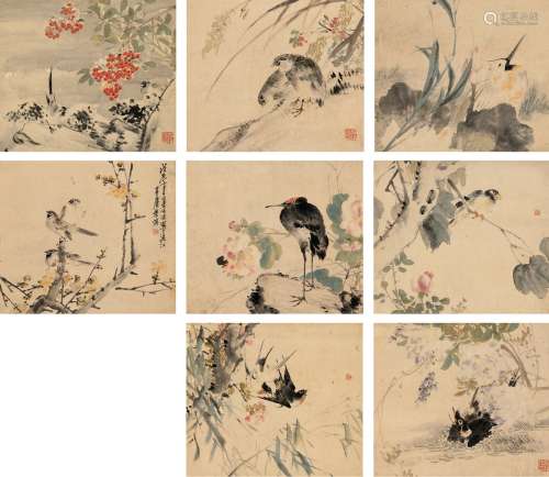 朱梦庐（1826～1900） 1868年作 花鸟 四屏 设色纸本