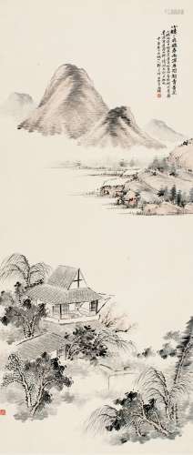 郑文焯（1856～1918） 1914年作 小楼听雨图 立轴 设色纸本