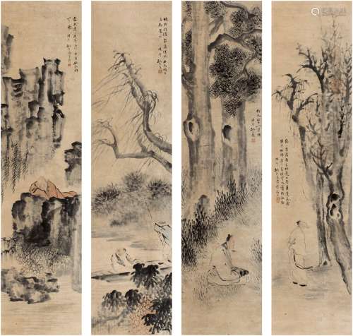 姚钟葆（1882～1927） 松山隐居图 四屏 设色纸本