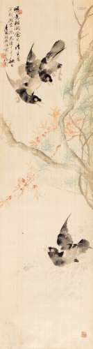 胡铁梅（1848～1899） 1886年作 早春鸣禽图 立轴 设色绢本