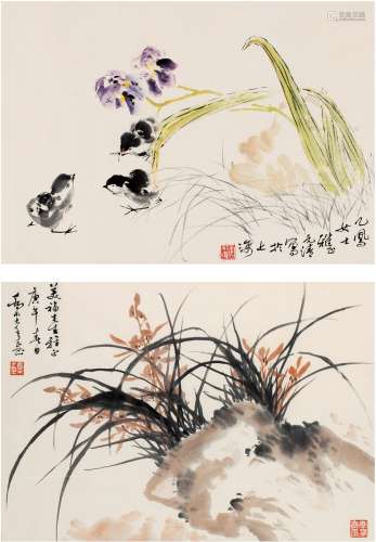 乔木（1920～2002）  徐元清（1941～） 兰石图·雏鸡图 （二帧） 镜片 设色纸本