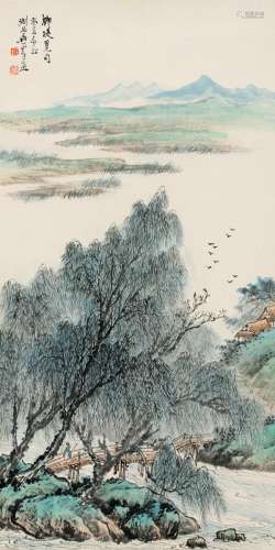 吴一峰（1907～1998） 1973年作 柳堤觅句图 镜片 设色纸本