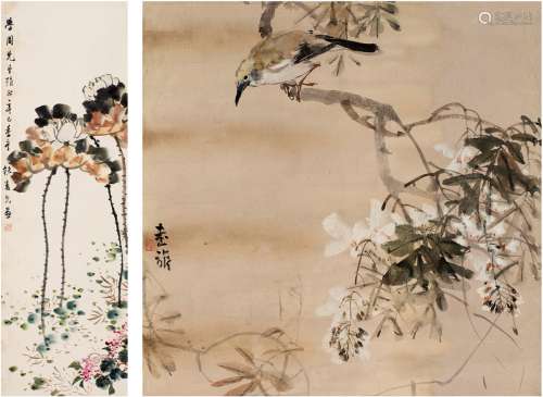 鲍娄先（1874～1958）  张书旂（1900～1957） 花鸟 （二帧） 镜片·画心 设色纸本