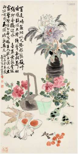 蒋通夫（1886～1963） 花卉蔬果图 立轴 设色纸本