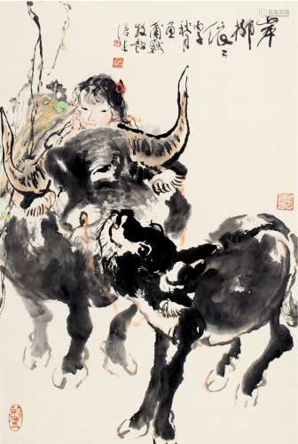 周沧米（1929～2011） 1996年作 牧趣图 立轴 设色纸本