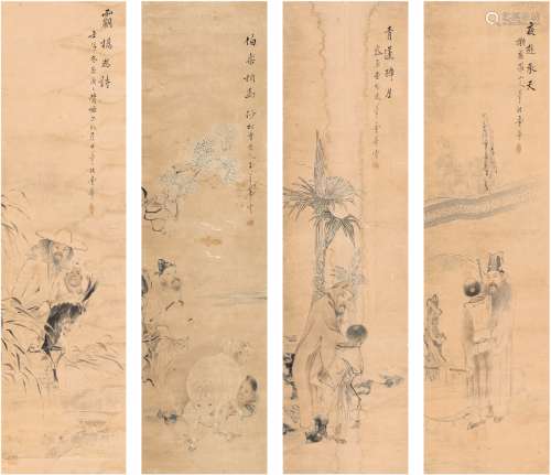 曹华（1847～1913） 1912年作 人物故事图 四屏 设色纸本